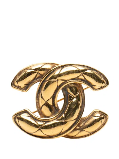 Pre-owned Chanel 1950-1970 Gold Plated Cc Quilted Brooch Costume Brooch