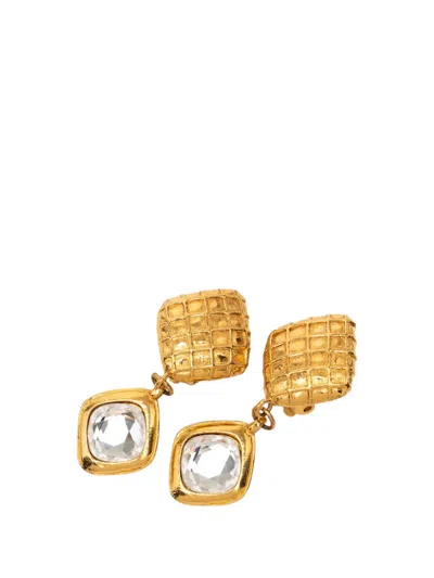 Pre-owned Chanel 1950-1970 Gold Plated Quilted Diamond Shape Strass Drop Clip On Earrings Costume Earrings