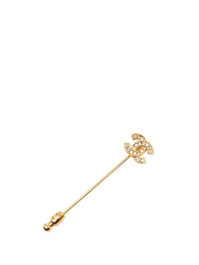 Pre-owned Chanel 1950-1970 Gold Plated Rhinestone Cc Pin Brooch Costume Brooch