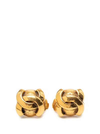 Pre-owned Chanel 1950-1990 Cc Gold Plated Round Clip On Earrings Costume Earrings