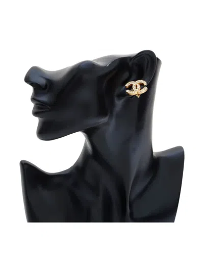 Pre-owned Chanel 1954-1985s Signature Interlocking Cc Logo Rhinestone Clip-on Earrings In Gold