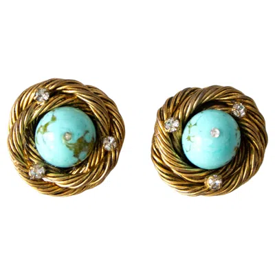 Pre-owned Chanel 1960s Gilded Turquoise Birds Nest Pate De Verre Goossens Clip-on Earrings In Multi