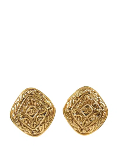 Pre-owned Chanel 1970-1980 Cc Gold Plated Diamond Clip On Earrings Costume Earrings