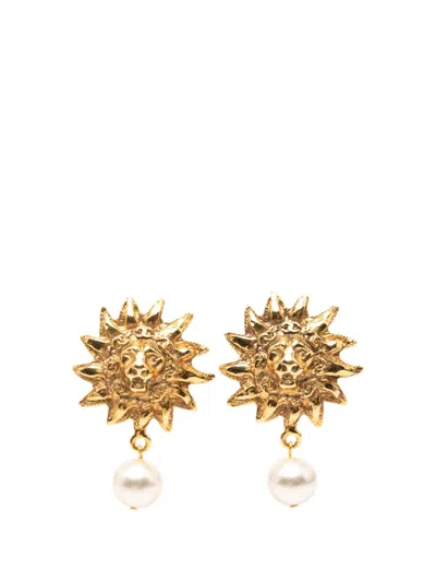 Pre-owned Chanel 1970-1980 Cc Gold Plated Faux Pearl Lion Head Drop Clip On Earrings Costume Earrings