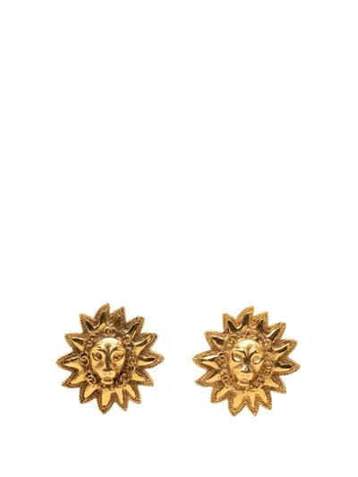 Pre-owned Chanel 1970-1980 Cc Gold Plated Lion Sunburst Clip On Earrings Costume Earrings