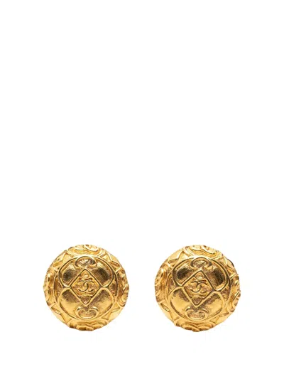 Pre-owned Chanel 1970-1980 Cc Gold Plated Round Clip On Earrings Costume Earrings