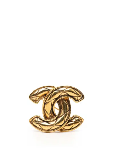 Pre-owned Chanel 1970-1980 Cc Quilted Gold Plated Brooch Costume Brooch