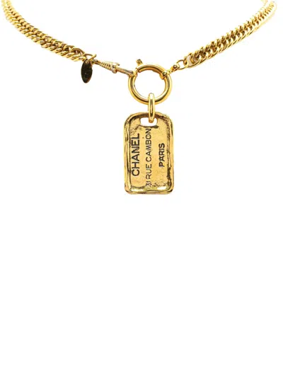 Pre-owned Chanel 1970-1980 Gold Plated 31 Rue Cambon Dog Tag Pendant Necklace Costume Necklace