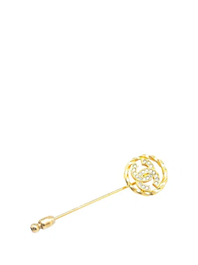 Pre-owned Chanel 1970-1980 Gold Plated Cc Crystal Brooch Pin Costume Brooch
