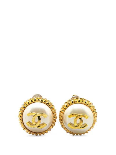 Pre-owned Chanel 1970-1980 Gold Plated Cc Faux Pearl Clip On Earrings Costume Earrings In White