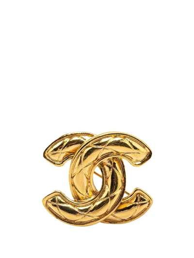 Pre-owned Chanel 1970-1980 Gold Plated Cc Quilted Brooch Costume Brooch