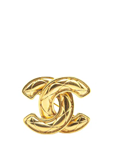 Pre-owned Chanel 1970-1980 Gold Plated Cc Quilted Brooch Costume Brooch