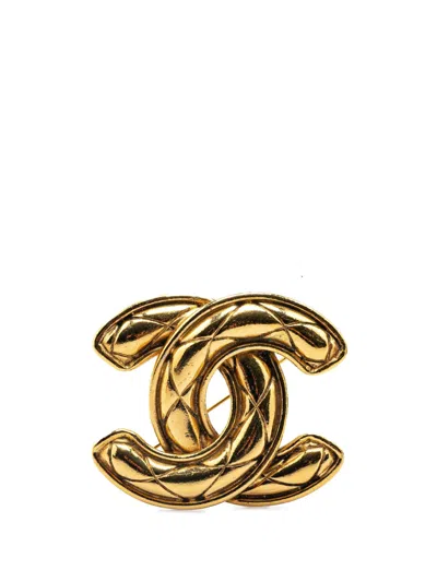 Pre-owned Chanel 1970-1980 Gold Plated Cc Quilted Brooch Costume Brooch