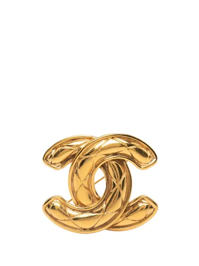 Pre-owned Chanel 1970-1980 Gold Plated Cc Quilted Brooch Costume Brooch