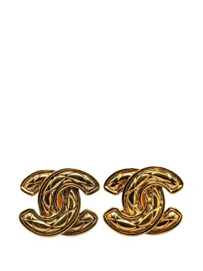 Pre-owned Chanel 1970-1980 Gold Plated Cc Quilted Clip On Earrings Costume Earrings