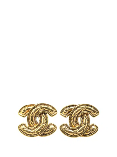 Pre-owned Chanel 1970-1980 Gold Plated Cc Quilted Clip On Earrings Costume Earrings