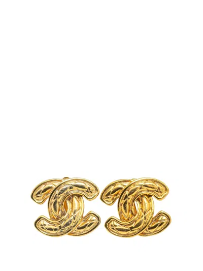 Pre-owned Chanel 1970-1980 Gold Plated Cc Quilted Clip On Earrings Costume Earrings