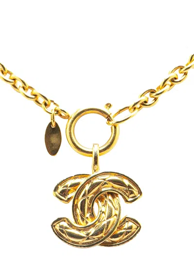 Pre-owned Chanel 1970-1980 Gold Plated Cc Quilted Pendant Necklace Costume Necklace