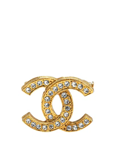Pre-owned Chanel 1970-1980 Gold Plated Cc Rhinestone Brooch Costume Brooch