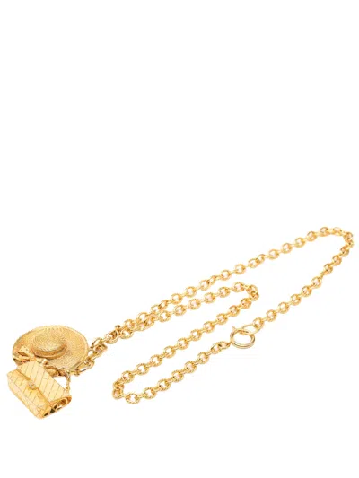 Pre-owned Chanel 1970-1980 Gold Plated Flap Bag And Hat Pendant Necklace Costume Necklace