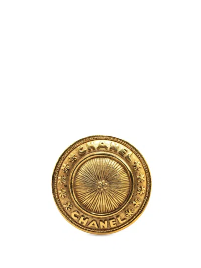 Pre-owned Chanel 1970-1980 Gold Plated Logo Dome Round Brooch Costume Brooch