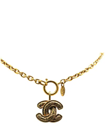 Pre-owned Chanel 1970-1980 Gold Plated Quilted Cc Pendant Costume Necklace In 金色