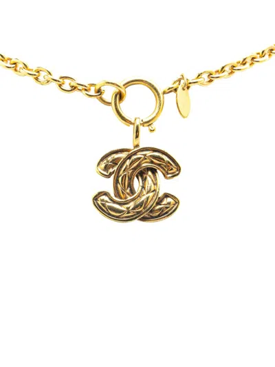 Pre-owned Chanel 1970-1980 Gold Plated Quilted Cc Pendant Costume Necklace