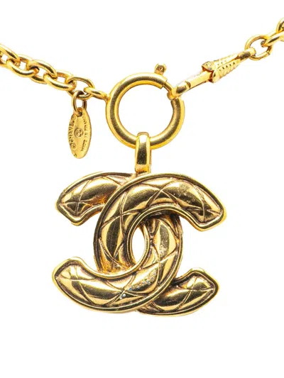 Pre-owned Chanel 1970-1980 Gold Plated Quilted Cc Pendant Necklace Costume Necklace