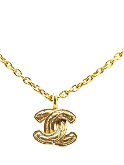 Pre-owned Chanel 1970-1980 Gold Plated Quilted Cc Pendant Necklace Costume Necklace