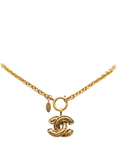 Pre-owned Chanel 1970-1980 Gold Plated Quilted Cc Pendant Necklace Costume Necklace