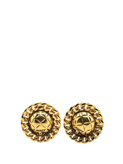 Pre-owned Chanel 1970-1980 Gold Plated Quilted Chain Clip On Earrings Costume Earrings