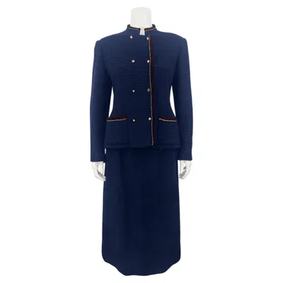 Pre-owned Chanel 1970's  Creations Paris Navy Boucl� Suit Trimmed In Burgundy In Red