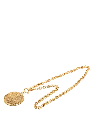 Pre-owned Chanel 1970-1980 Cc Gold Plated Crest Medallion Pendant Necklace Costume Necklace