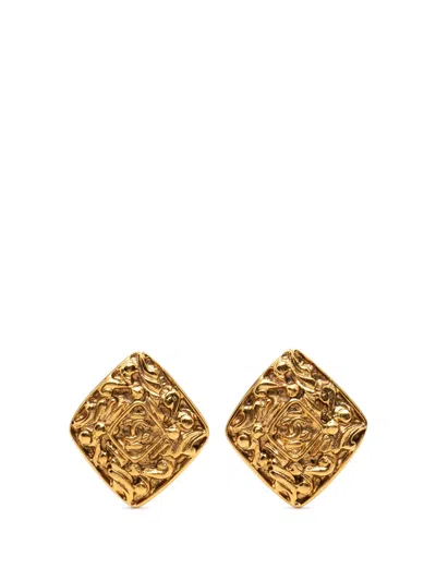 Pre-owned Chanel 1970-1980 Cc Gold Plated Diamond Clip On Earrings Costume Earrings