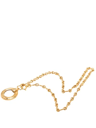 Pre-owned Chanel 1970-1980 Cc Gold Plated Hammered Round Pendant Necklace Costume Necklace