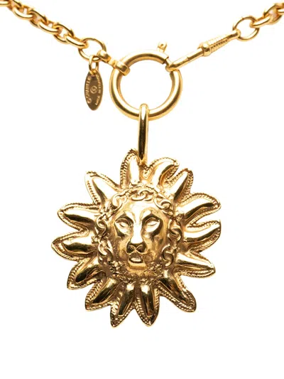 Pre-owned Chanel 1970-1980 Cc Gold Plated Leo Lion Sun Medallion Pendant Necklace Costume Necklace