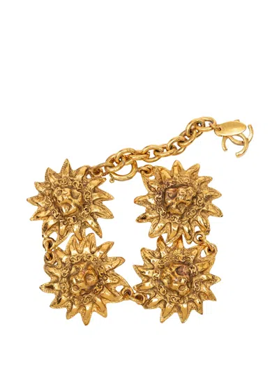 Pre-owned Chanel 1970-1980 Cc Gold Plated Lion Head Medallion Link Bracelet Costume Bracelet