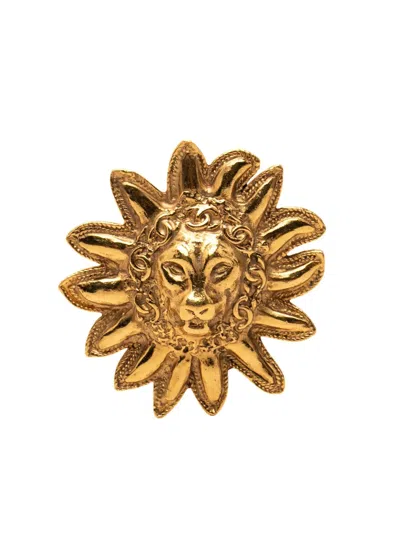 Pre-owned Chanel 1970-1980 Cc Gold Plated Lion Head Sun Brooch Costume Brooch