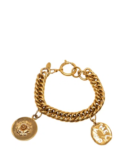 Pre-owned Chanel 1970-1980 Cc Gold Plated Medallion Camellia Charm Bracelet Costume Bracelet