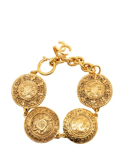 Pre-owned Chanel 1970-1980 Cc Gold Plated Medallion Link Bracelet Costume Bracelet