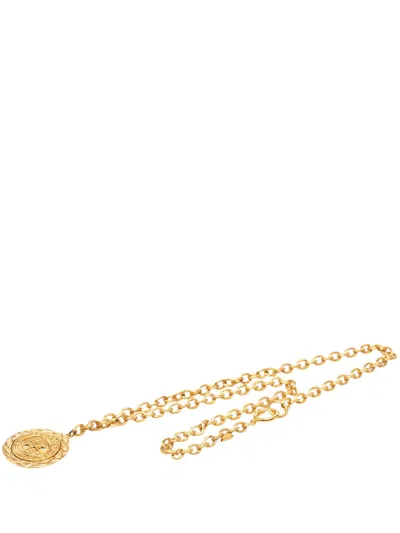 Pre-owned Chanel 1970-1980 Cc Gold Plated Medallion Lion Crest Pendant Necklace Costume Necklace