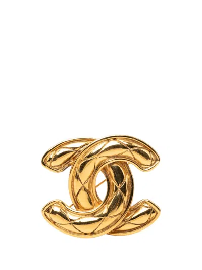 Pre-owned Chanel 1970-1980 Cc Gold Plated Quilted Brooch Costume Brooch