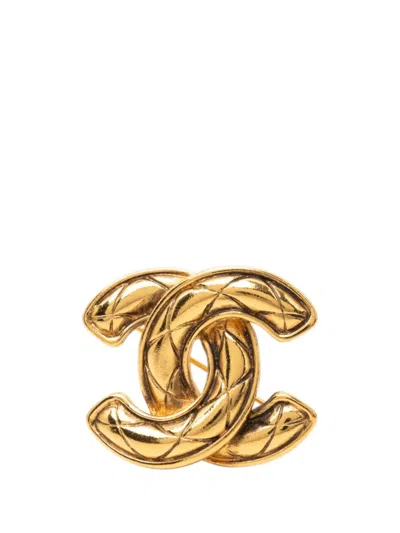 Pre-owned Chanel 1970-1980 Cc Gold Plated Quilted Brooch Costume Brooch