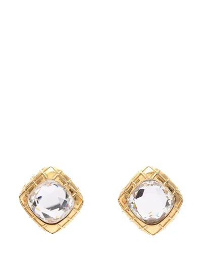 Pre-owned Chanel 1970-1980 Cc Gold Plated Quilted Diamond Strass Clip On Earrings Costume Earrings