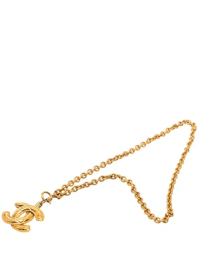 Pre-owned Chanel 1970-1980 Cc Gold Plated Quilted Pendant Necklace Costume Necklace