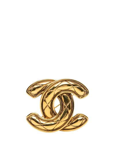 Pre-owned Chanel 1970-1980 Cc Gold Plated Quilted Pin Brooch Costume Brooch