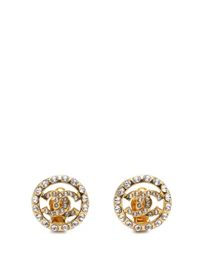 Pre-owned Chanel 1970-1980 Cc Gold Plated Rhinestone Round Clip On Earrings Costume Earrings