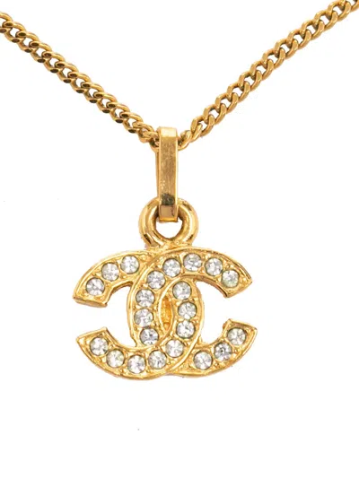 Pre-owned Chanel 1970-1980 Cc Gold Plated Rhinestones Pendant Necklace Costume Necklace
