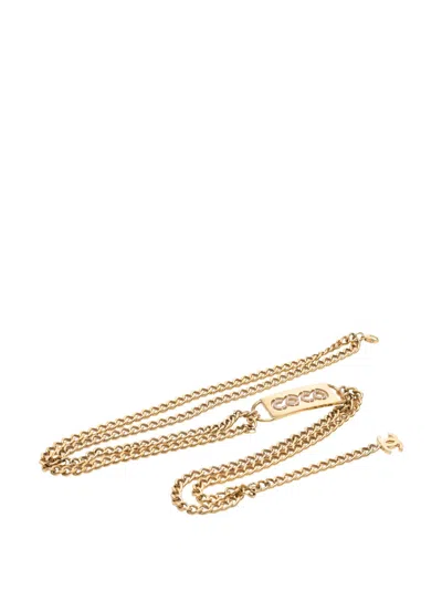 Pre-owned Chanel 1970-1980 Cc Gold Plated Strass Coco Plaque Double Chain Belt