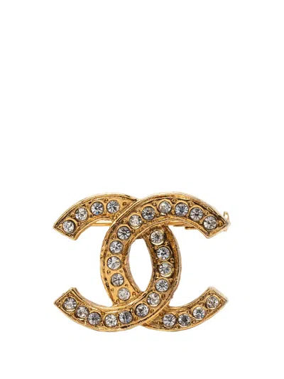 Pre-owned Chanel 1970-1980 Cc Gold Plated Strass Pin Brooch Costume Brooch